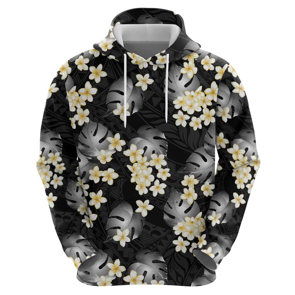 Black Tropical Hawaii Zip Hoodie Seamless Monstera Plumeria Hawaiian Pattern - Polynesian Pride