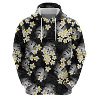 Black Tropical Hawaii Zip Hoodie Seamless Monstera Plumeria Hawaiian Pattern - Polynesian Pride