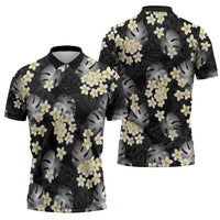 Black Tropical Hawaii Zipper Polo Shirt Seamless Monstera Plumeria Hawaiian Pattern - Polynesian Pride