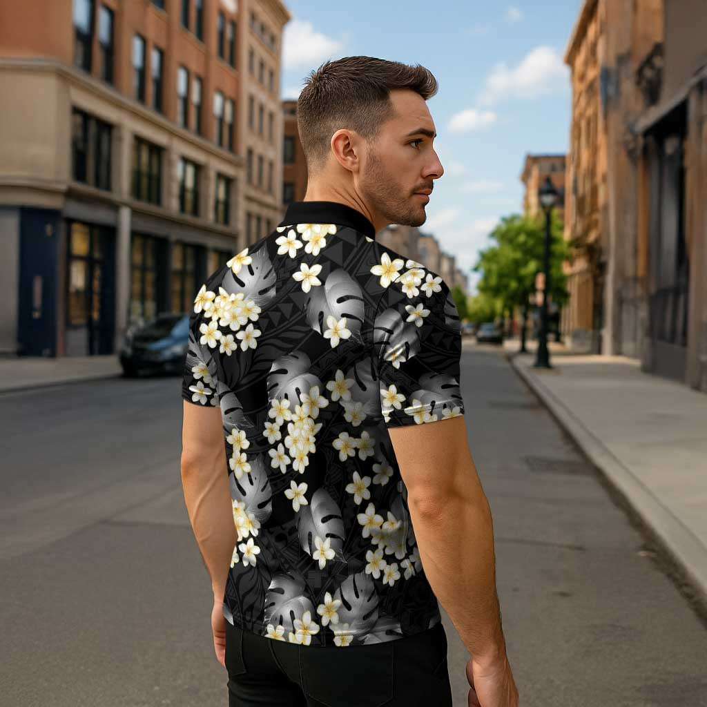 Black Tropical Hawaii Zipper Polo Shirt Seamless Monstera Plumeria Hawaiian Pattern - Polynesian Pride