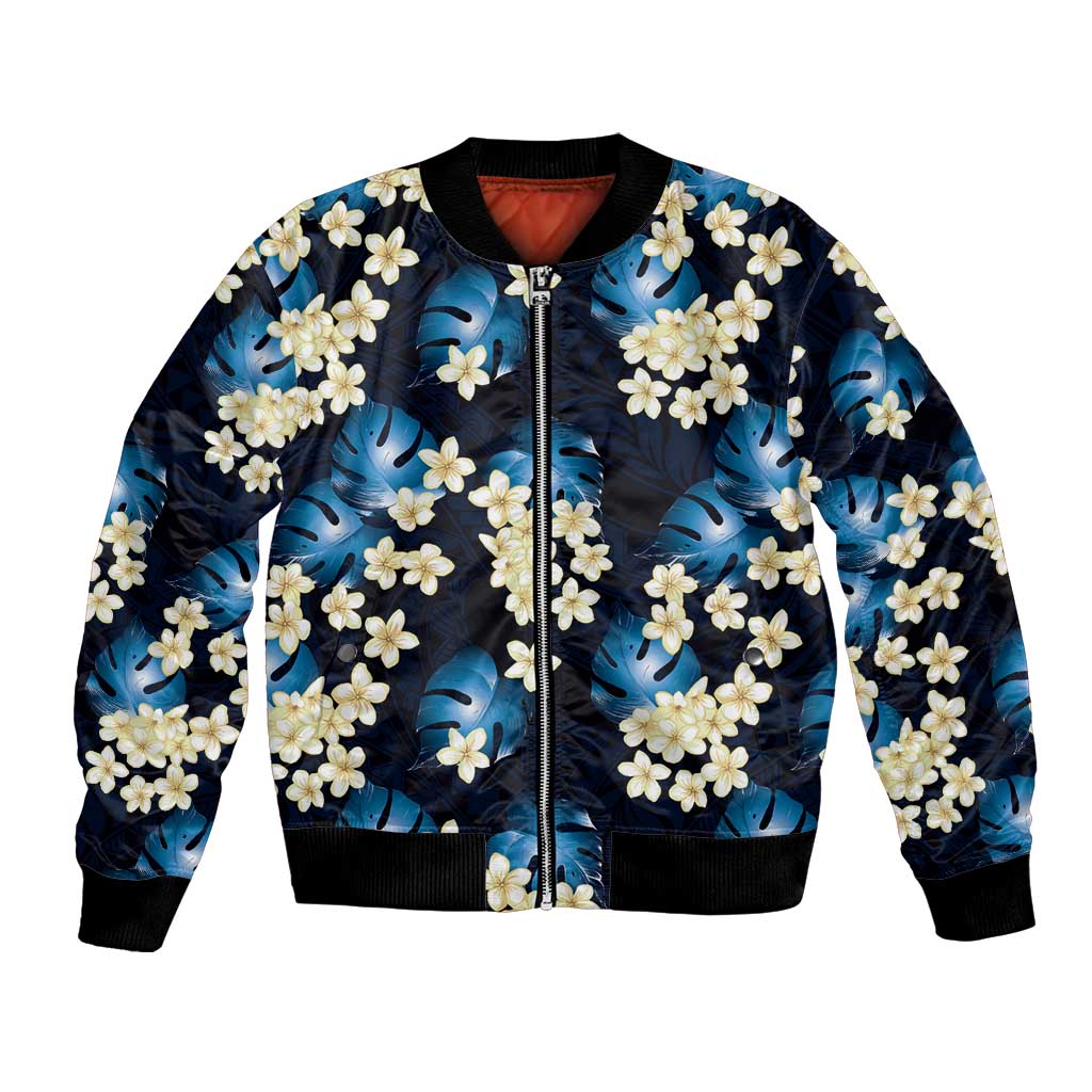 Blue Tropical Hawaii Bomber Jacket Seamless Monstera Plumeria Hawaiian Pattern - Polynesian Pride