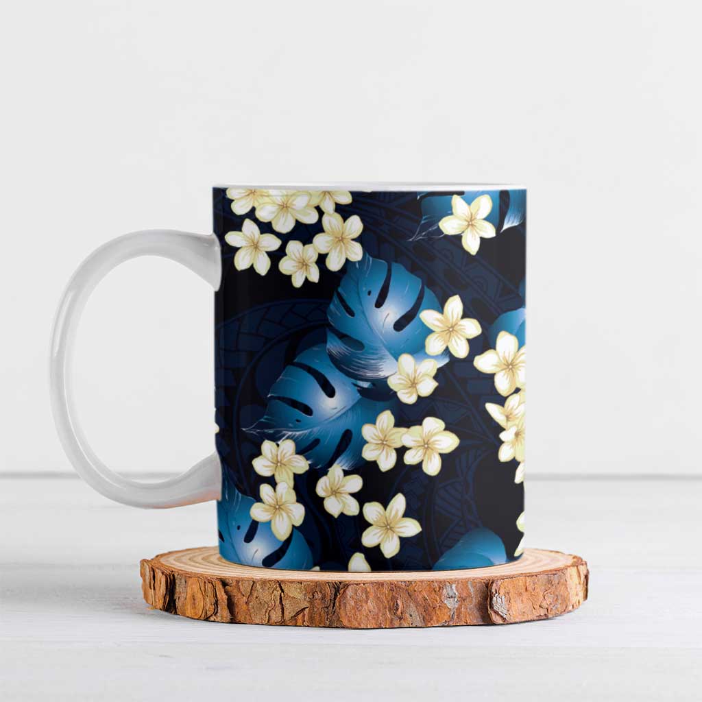 Blue Tropical Hawaii Ceramic Mug Seamless Monstera Plumeria Hawaiian Pattern - Polynesian Pride