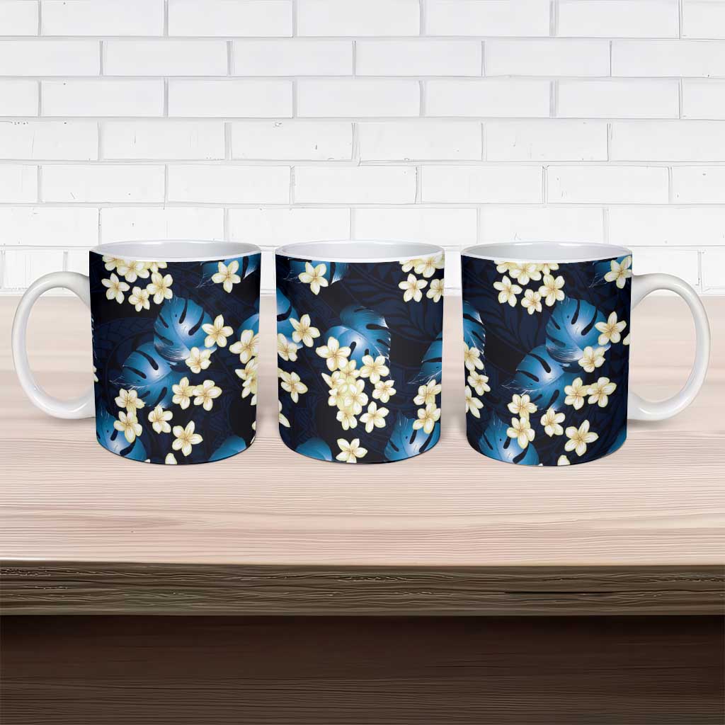 Blue Tropical Hawaii Ceramic Mug Seamless Monstera Plumeria Hawaiian Pattern - Polynesian Pride