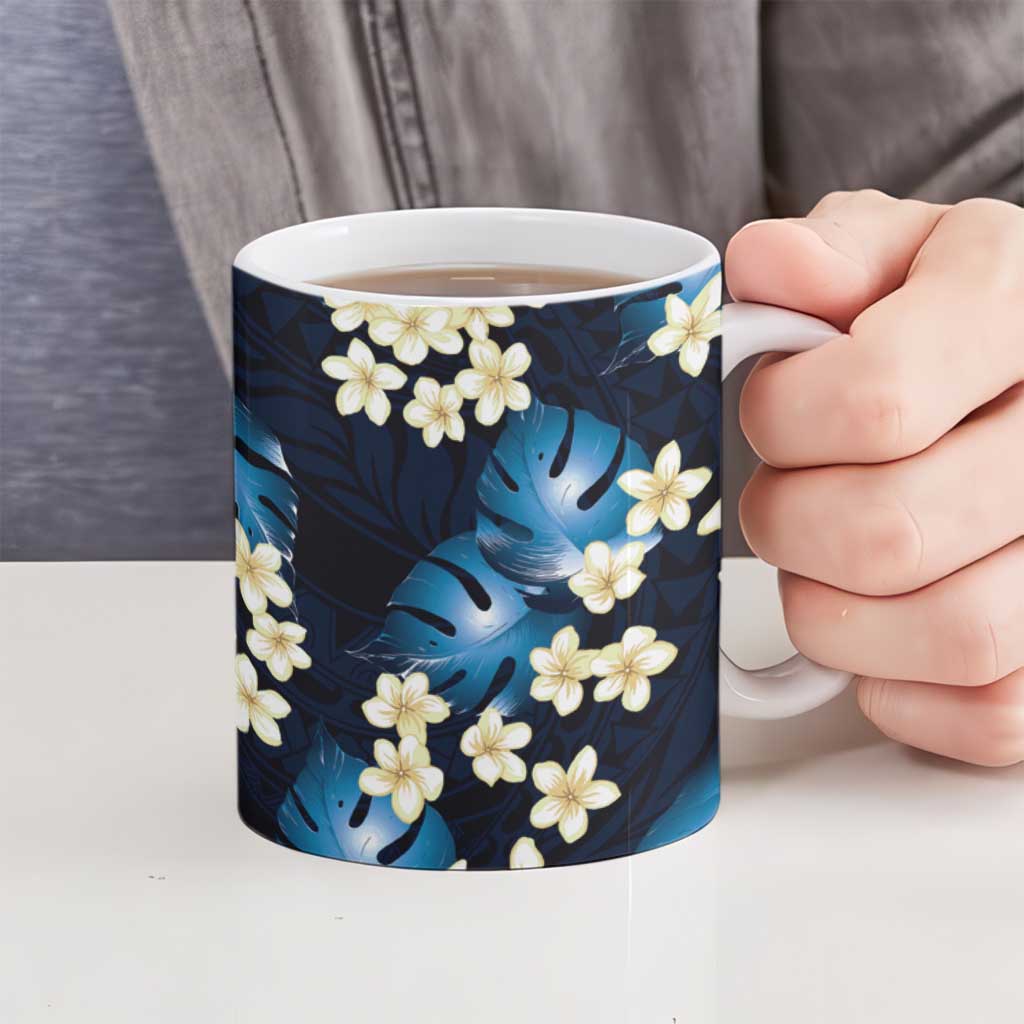 Blue Tropical Hawaii Ceramic Mug Seamless Monstera Plumeria Hawaiian Pattern - Polynesian Pride