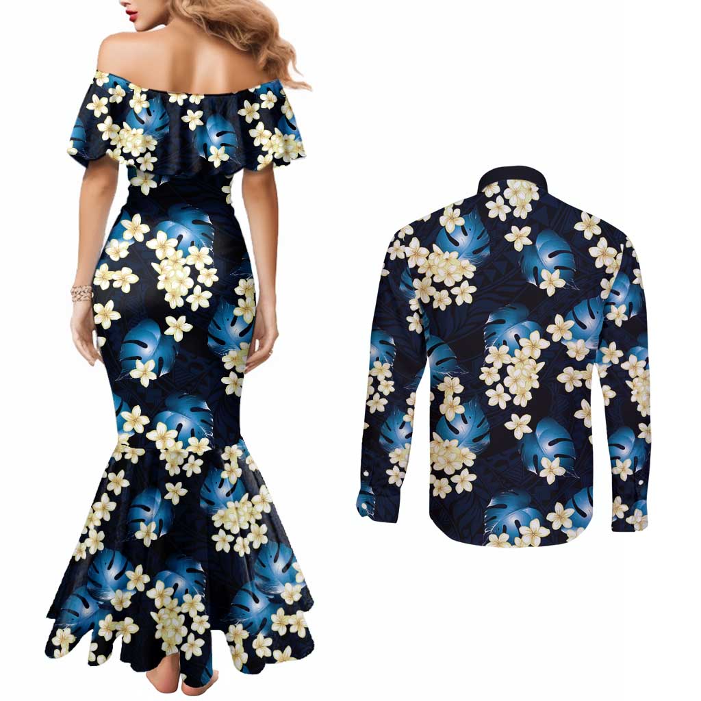 Blue Tropical Hawaii Couples Matching Mermaid Dress and Long Sleeve Button Shirt Seamless Monstera Plumeria Hawaiian Pattern - Polynesian Pride