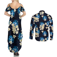 Blue Tropical Hawaii Couples Matching Summer Maxi Dress and Long Sleeve Button Shirt Seamless Monstera Plumeria Hawaiian Pattern - Polynesian Pride