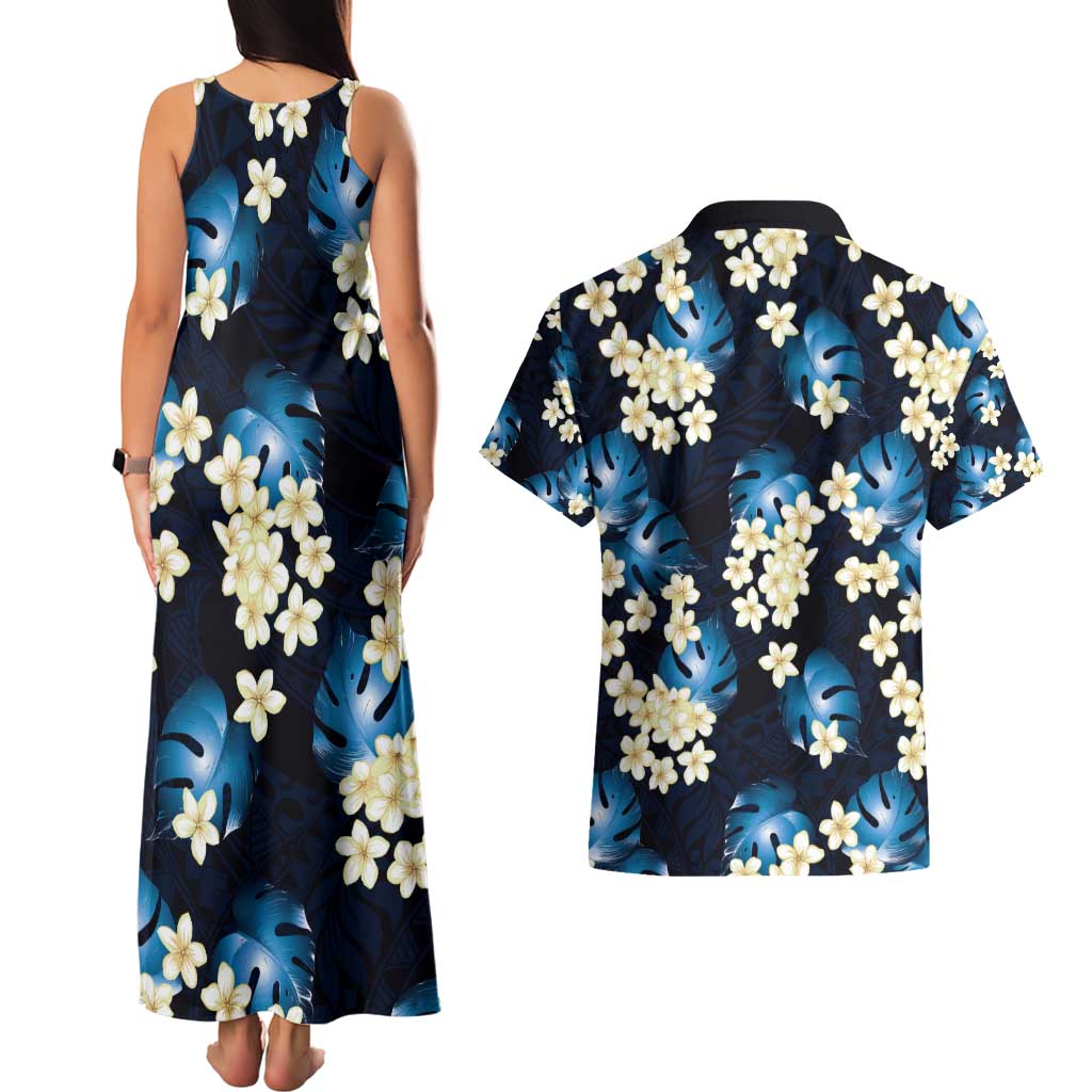 Blue Tropical Hawaii Couples Matching Tank Maxi Dress and Hawaiian Shirt Seamless Monstera Plumeria Hawaiian Pattern - Polynesian Pride