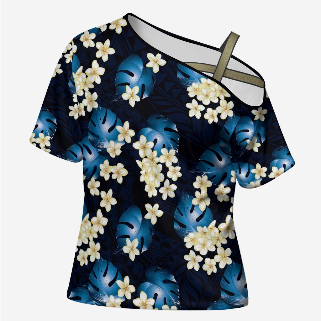 Blue Tropical Hawaii Cross Shoulder Shirt Seamless Monstera Plumeria Hawaiian Pattern - Polynesian Pride
