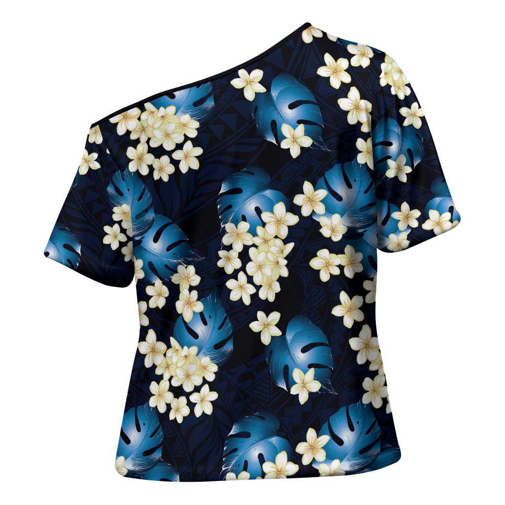 Blue Tropical Hawaii Cross Shoulder Shirt Seamless Monstera Plumeria Hawaiian Pattern LT14 - Polynesian Pride