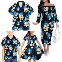 Blue Tropical Hawaii Family Matching Off The Shoulder Long Sleeve Dress and Hawaiian Shirt Seamless Monstera Plumeria Hawaiian Pattern - Polynesian Pride