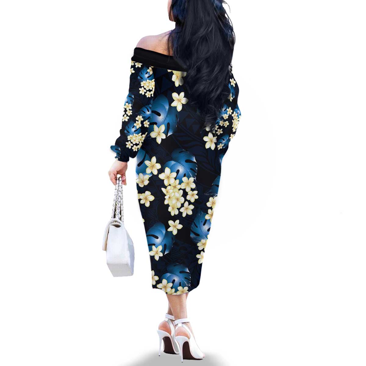 Blue Tropical Hawaii Family Matching Off The Shoulder Long Sleeve Dress and Hawaiian Shirt Seamless Monstera Plumeria Hawaiian Pattern - Polynesian Pride