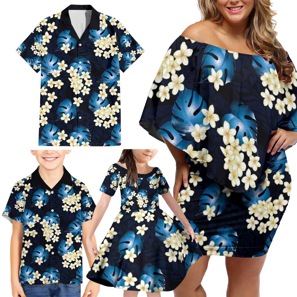 Blue Tropical Hawaii Family Matching Off Shoulder Short Dress and Hawaiian Shirt Seamless Monstera Plumeria Hawaiian Pattern - Polynesian Pride