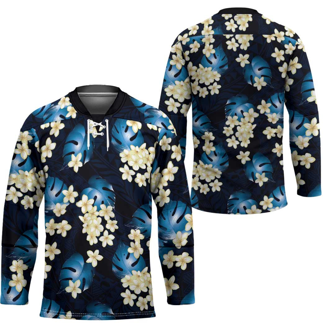 Blue Tropical Hawaii Hockey Jersey Seamless Monstera Plumeria Hawaiian Pattern - Polynesian Pride