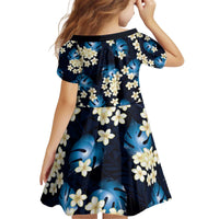 Blue Tropical Hawaii Kid Short Sleeve Dress Seamless Monstera Plumeria Hawaiian Pattern - Polynesian Pride