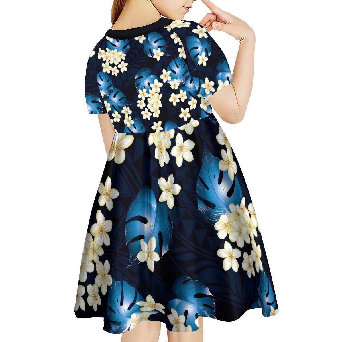 Blue Tropical Hawaii Kid Short Sleeve Dress Seamless Monstera Plumeria Hawaiian Pattern - Polynesian Pride