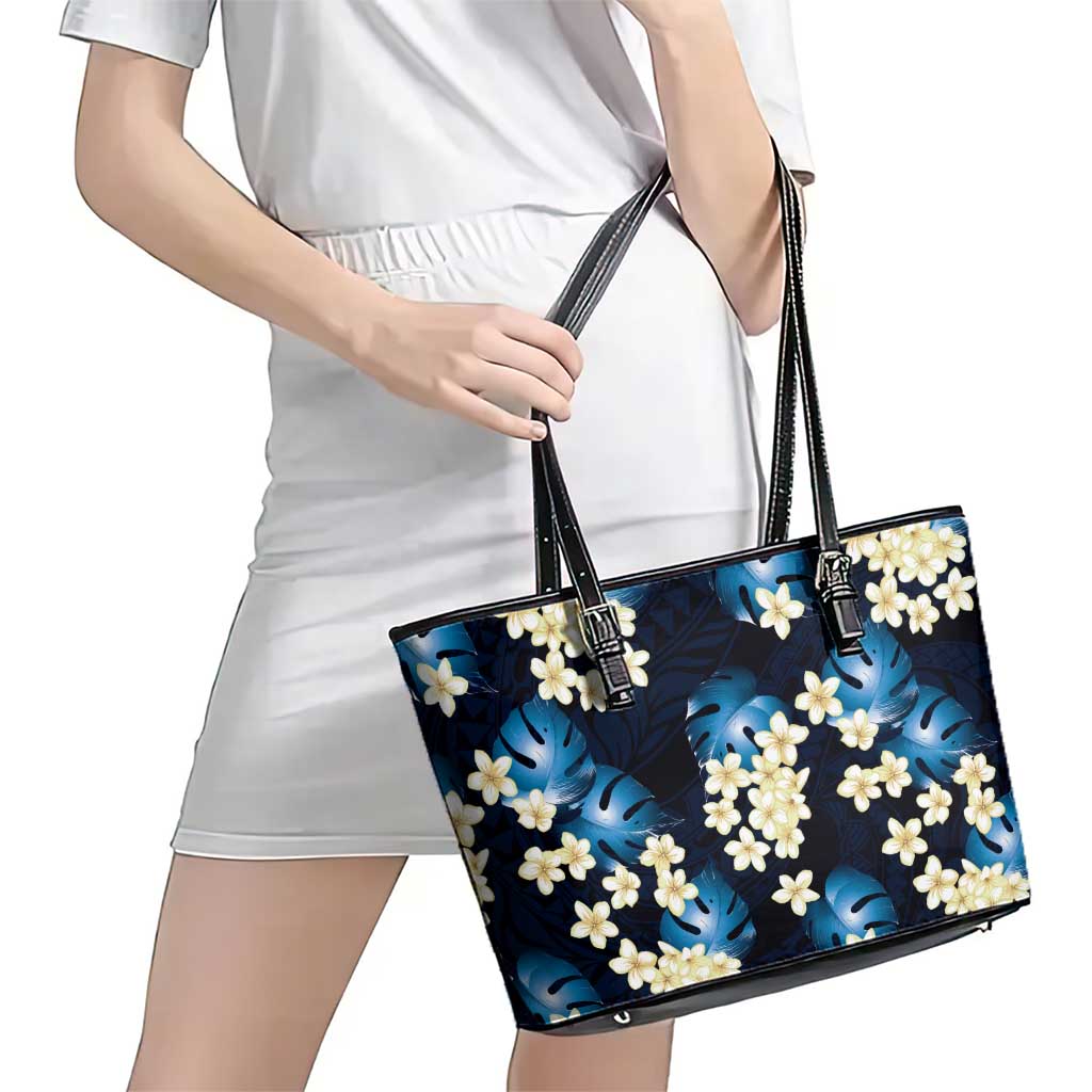 Blue Tropical Hawaii Leather Tote Bag Seamless Monstera Plumeria Hawaiian Pattern - Polynesian Pride