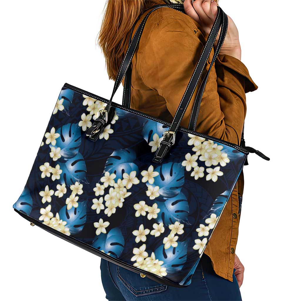 Blue Tropical Hawaii Leather Tote Bag Seamless Monstera Plumeria Hawaiian Pattern - Polynesian Pride