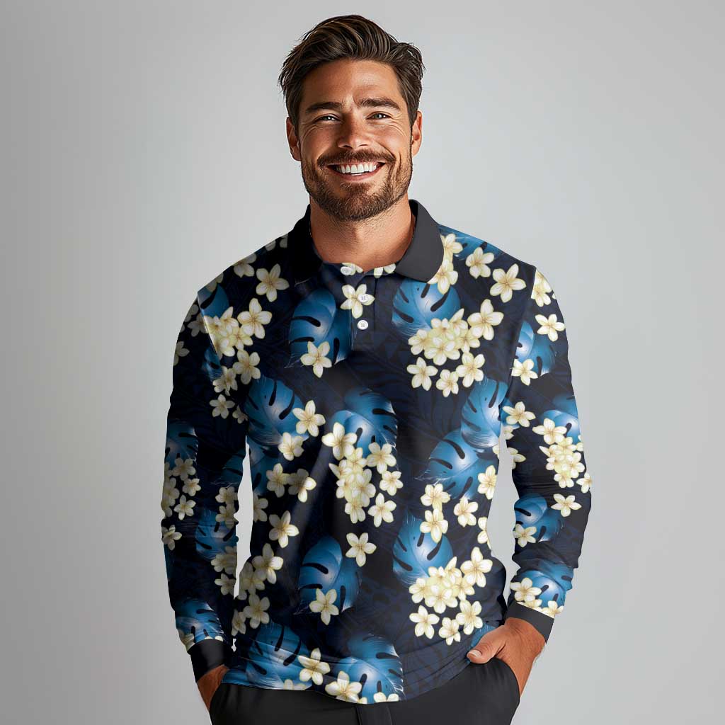 Blue Tropical Hawaii Long Sleeve Polo Shirt Seamless Monstera Plumeria Hawaiian Pattern - Polynesian Pride