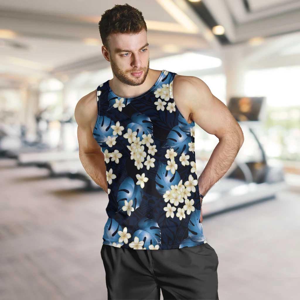 Blue Tropical Hawaii Men Tank Top Seamless Monstera Plumeria Hawaiian Pattern - Polynesian Pride