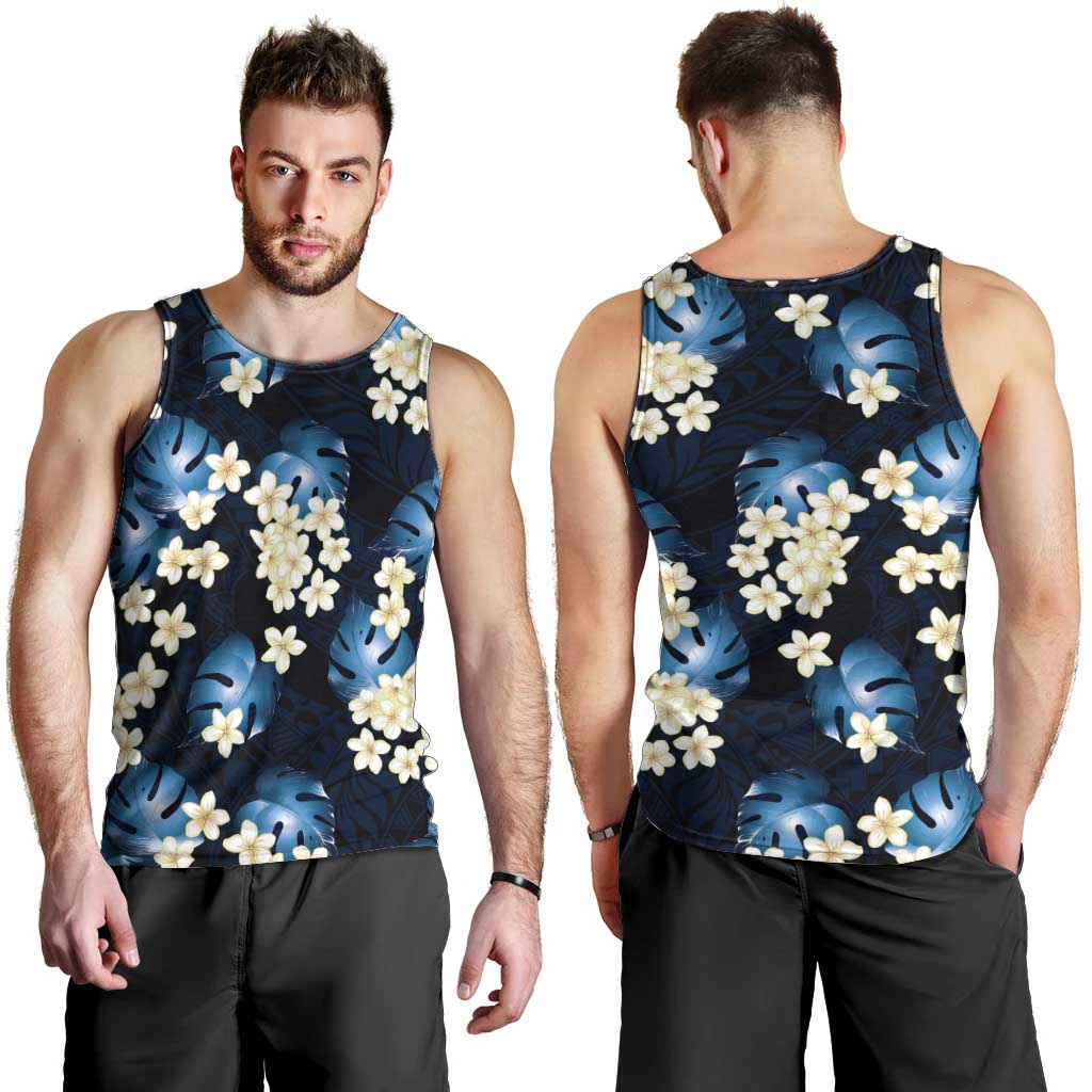 Blue Tropical Hawaii Men Tank Top Seamless Monstera Plumeria Hawaiian Pattern - Polynesian Pride
