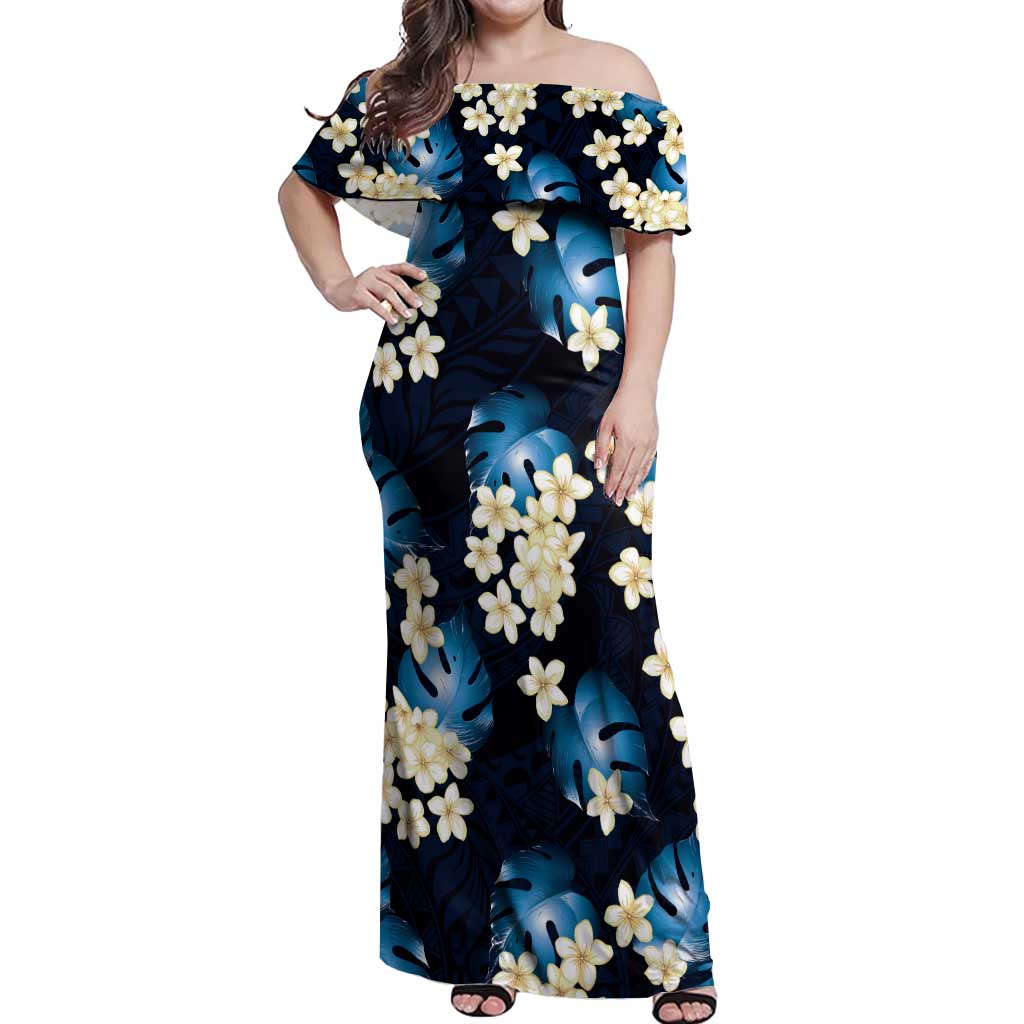 Blue Tropical Hawaii Off Shoulder Maxi Dress Seamless Monstera Plumeria Hawaiian Pattern - Polynesian Pride