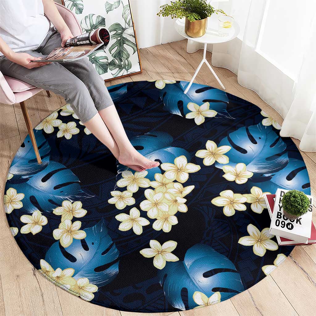 Blue Tropical Hawaii Round Carpet Seamless Monstera Plumeria Hawaiian Pattern - Polynesian Pride