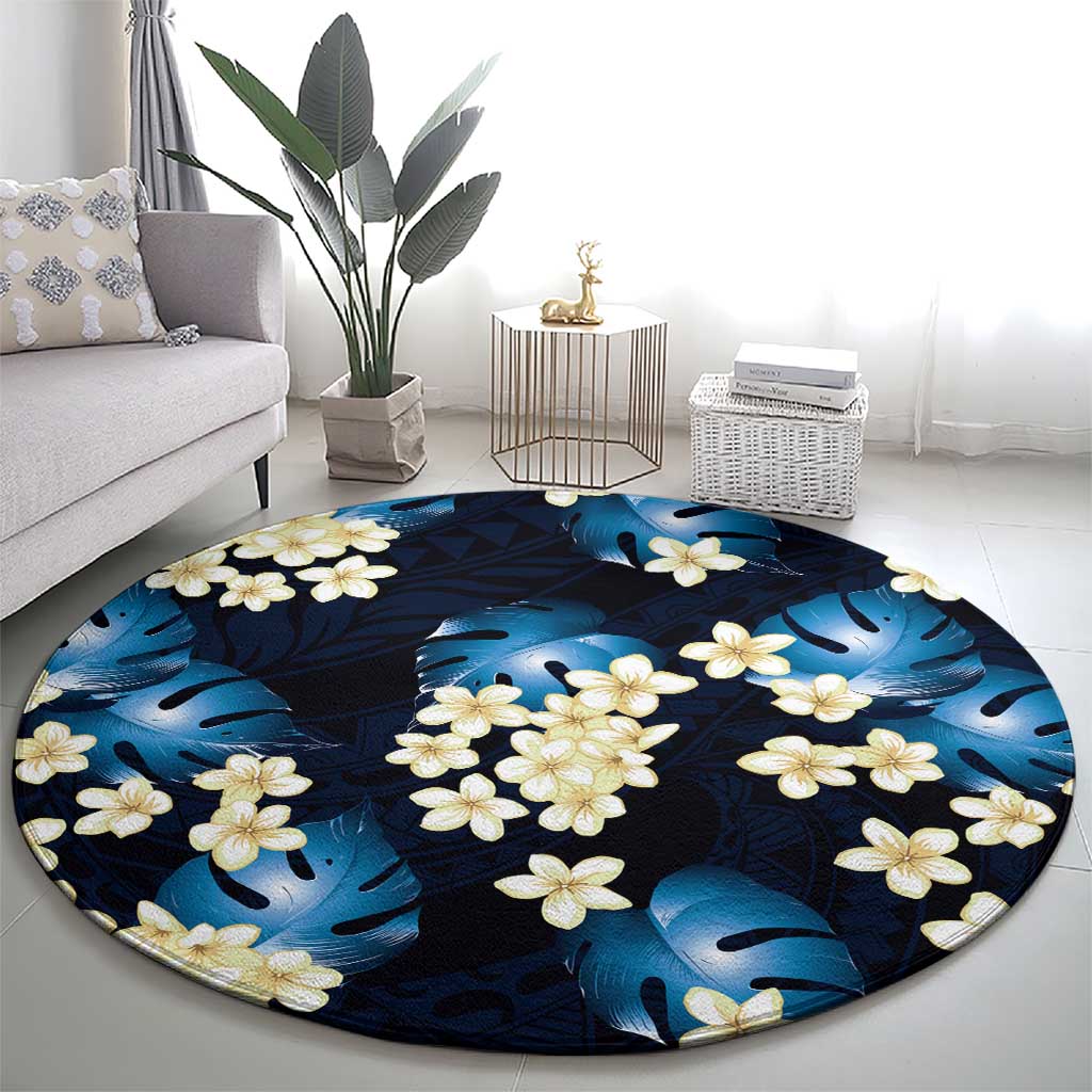 Blue Tropical Hawaii Round Carpet Seamless Monstera Plumeria Hawaiian Pattern - Polynesian Pride