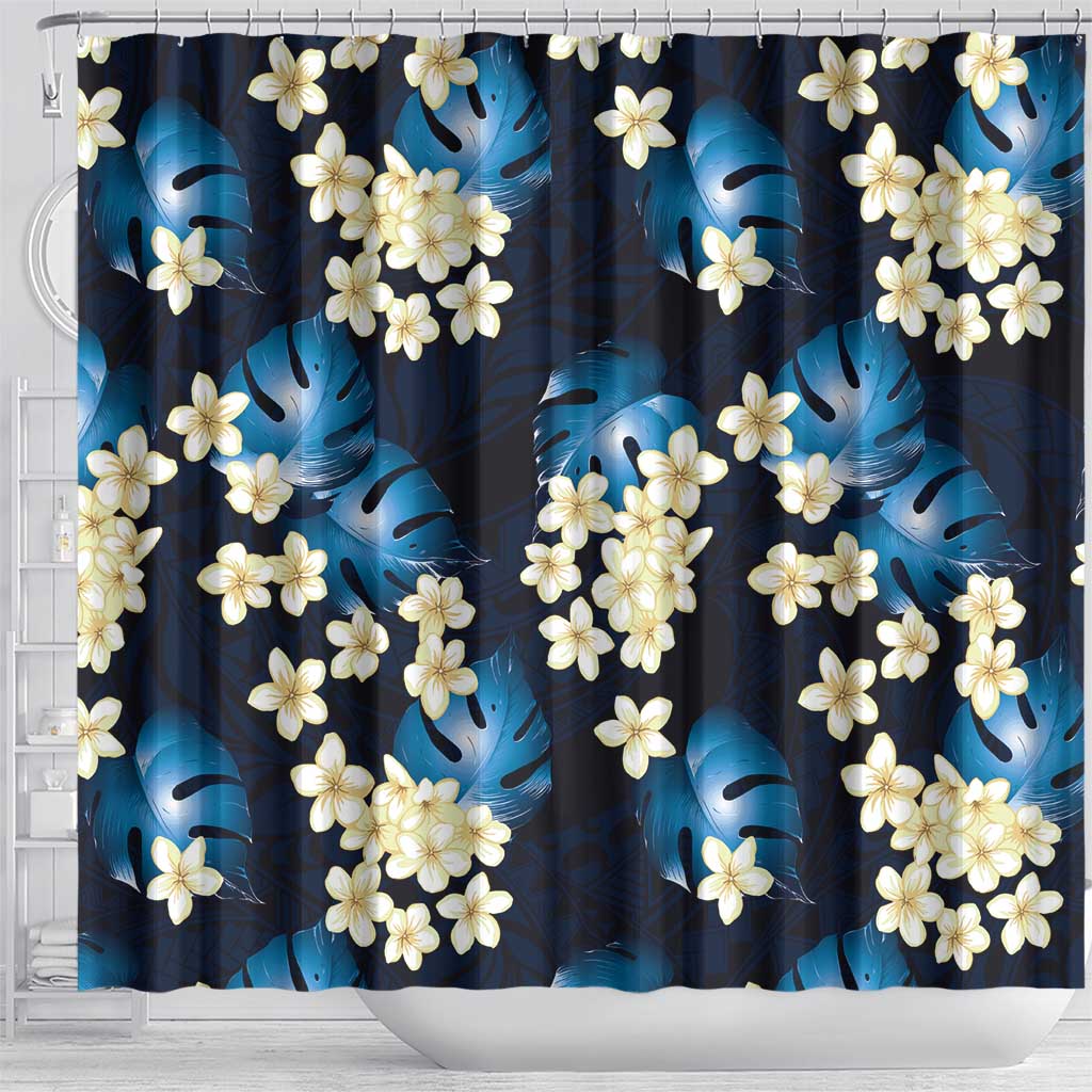 Blue Tropical Hawaii Shower Curtain Seamless Monstera Plumeria Hawaiian Pattern - Polynesian Pride