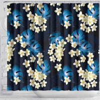 Blue Tropical Hawaii Shower Curtain Seamless Monstera Plumeria Hawaiian Pattern - Polynesian Pride