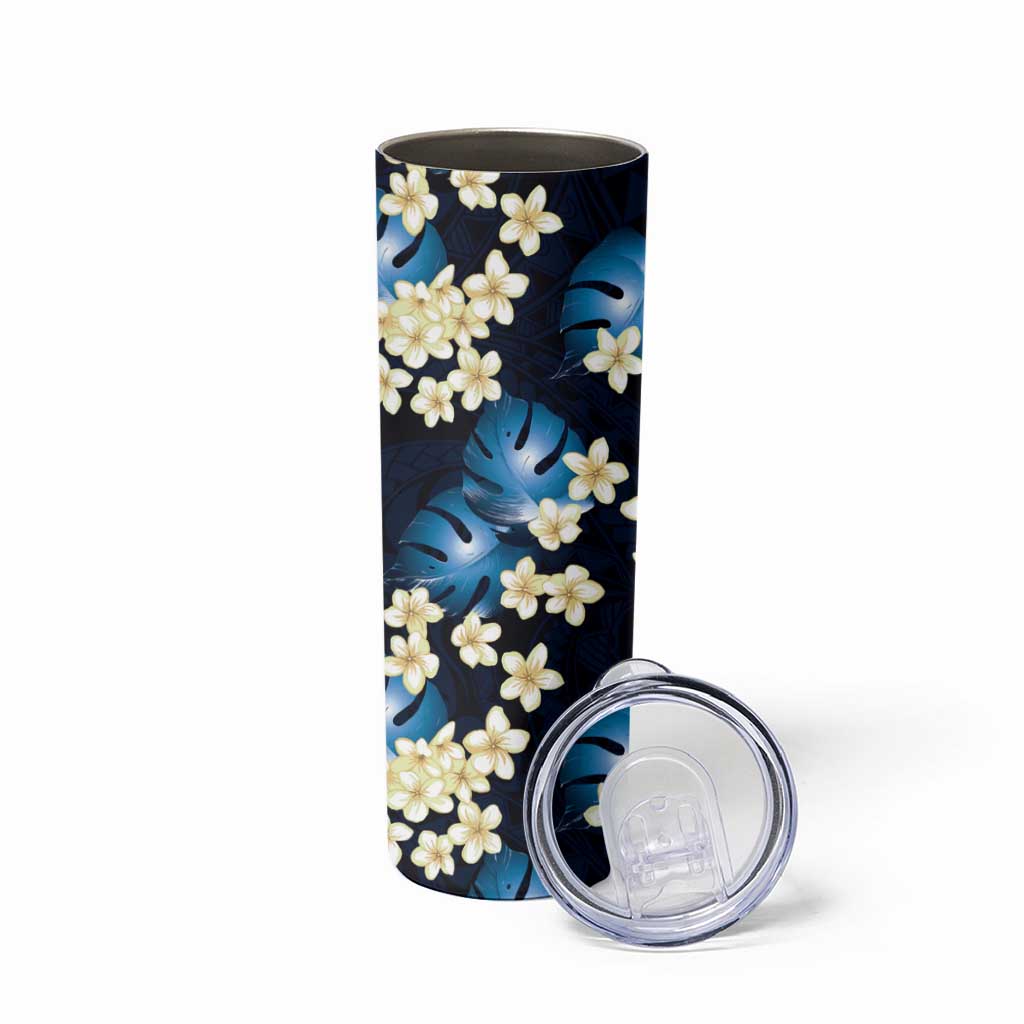 Blue Tropical Hawaii Skinny Tumbler Seamless Monstera Plumeria Hawaiian Pattern - Polynesian Pride