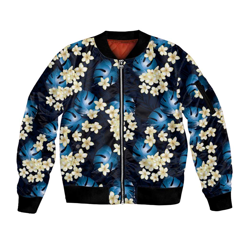 Blue Tropical Hawaii Sleeve Zip Bomber Jacket Seamless Monstera Plumeria Hawaiian Pattern - Polynesian Pride