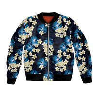 Blue Tropical Hawaii Sleeve Zip Bomber Jacket Seamless Monstera Plumeria Hawaiian Pattern - Polynesian Pride