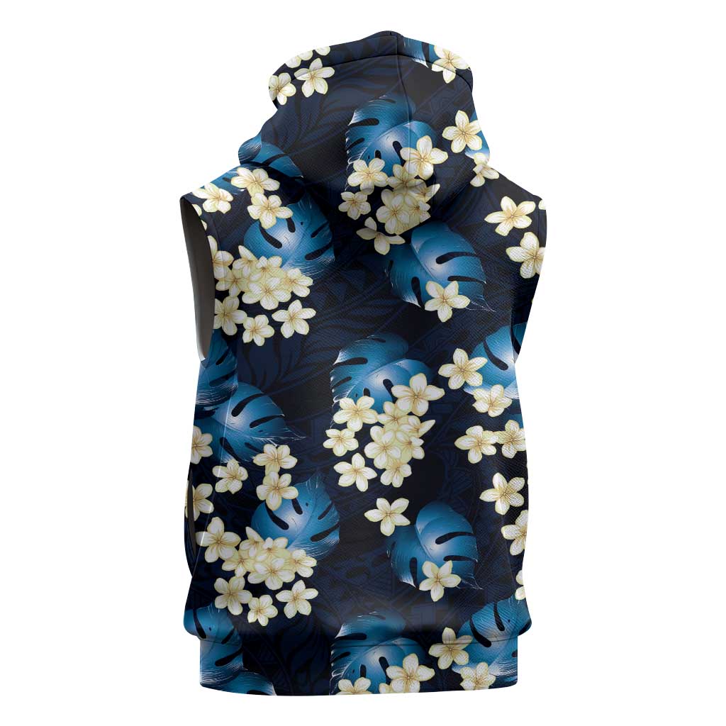 Blue Tropical Hawaii Sleeveless Hoodie Seamless Monstera Plumeria Hawaiian Pattern - Polynesian Pride