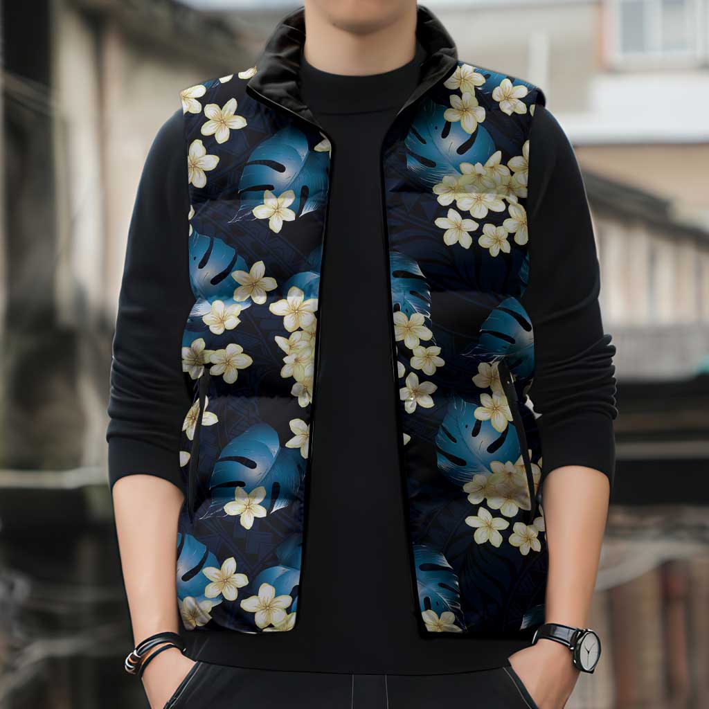 Blue Tropical Hawaii Sleeveless Puffer Jacket Seamless Monstera Plumeria Hawaiian Pattern - Polynesian Pride