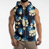 Blue Tropical Hawaii Sleeveless Zip Hoodie Seamless Monstera Plumeria Hawaiian Pattern - Polynesian Pride