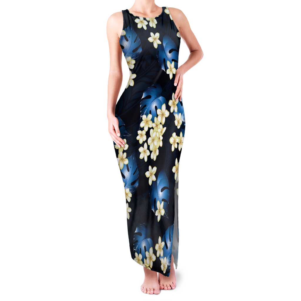 Blue Tropical Hawaii Tank Maxi Dress Seamless Monstera Plumeria Hawaiian Pattern - Polynesian Pride
