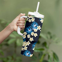 Blue Tropical Hawaii Tumbler With Handle Seamless Monstera Plumeria Hawaiian Pattern - Polynesian Pride
