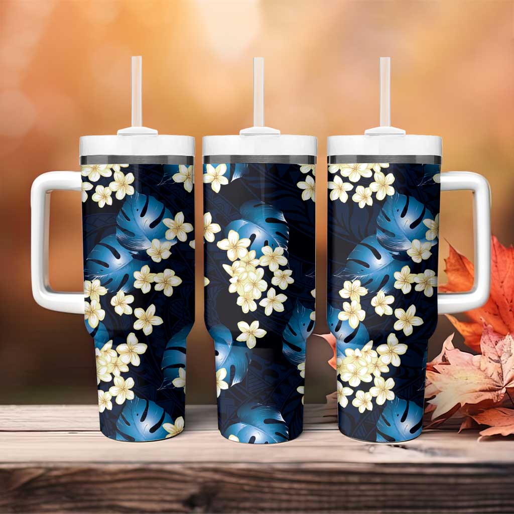 Blue Tropical Hawaii Tumbler With Handle Seamless Monstera Plumeria Hawaiian Pattern - Polynesian Pride