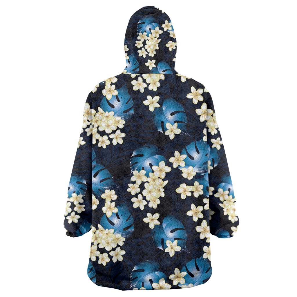 Blue Tropical Hawaii Wearable Blanket Hoodie Seamless Monstera Plumeria Hawaiian Pattern - Polynesian Pride