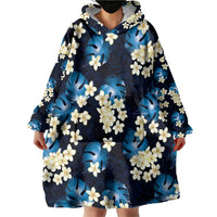 Blue Tropical Hawaii Wearable Blanket Hoodie Seamless Monstera Plumeria Hawaiian Pattern - Polynesian Pride