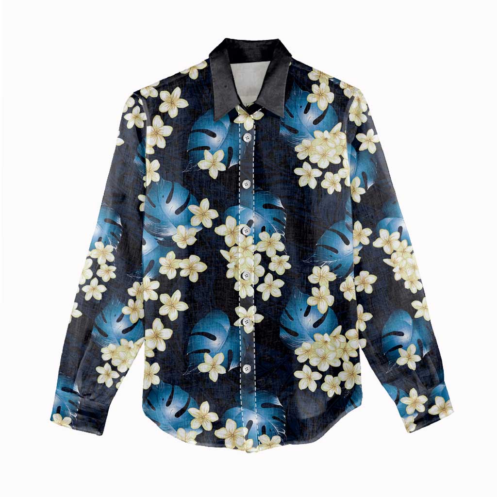 Blue Tropical Hawaii Women Casual Shirt Seamless Monstera Plumeria Hawaiian Pattern - Polynesian Pride