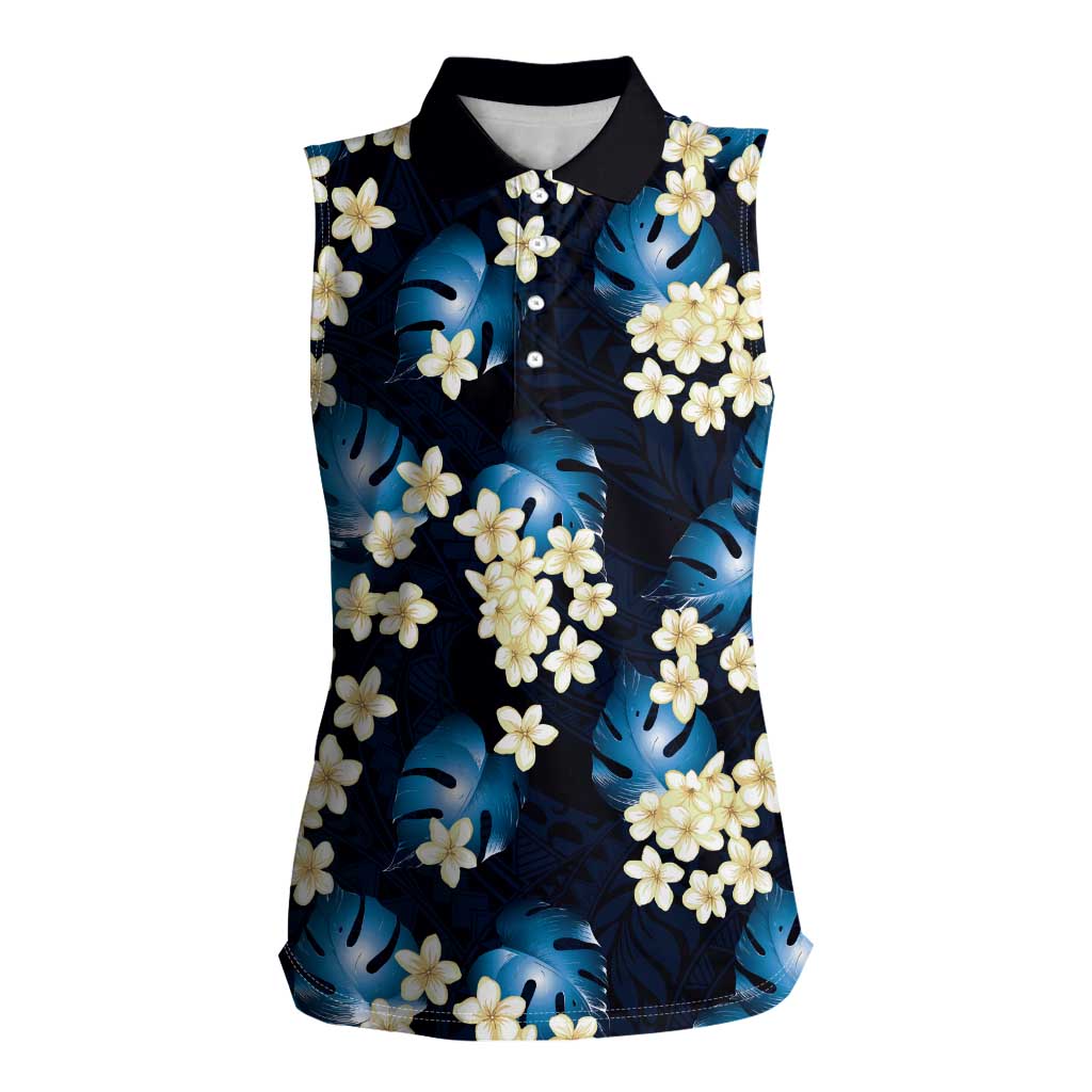 Blue Tropical Hawaii Women Sleeveless Polo Shirt Seamless Monstera Plumeria Hawaiian Pattern - Polynesian Pride