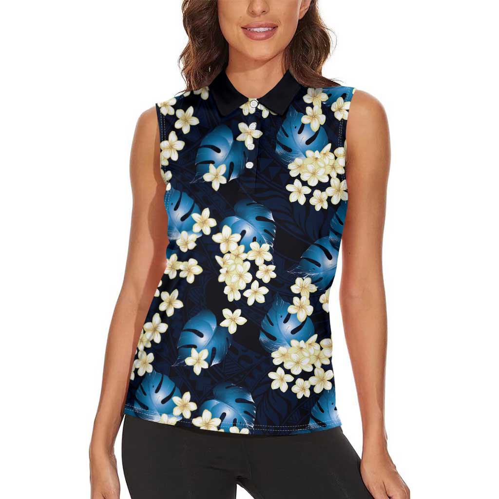 Blue Tropical Hawaii Women Sleeveless Polo Shirt Seamless Monstera Plumeria Hawaiian Pattern - Polynesian Pride