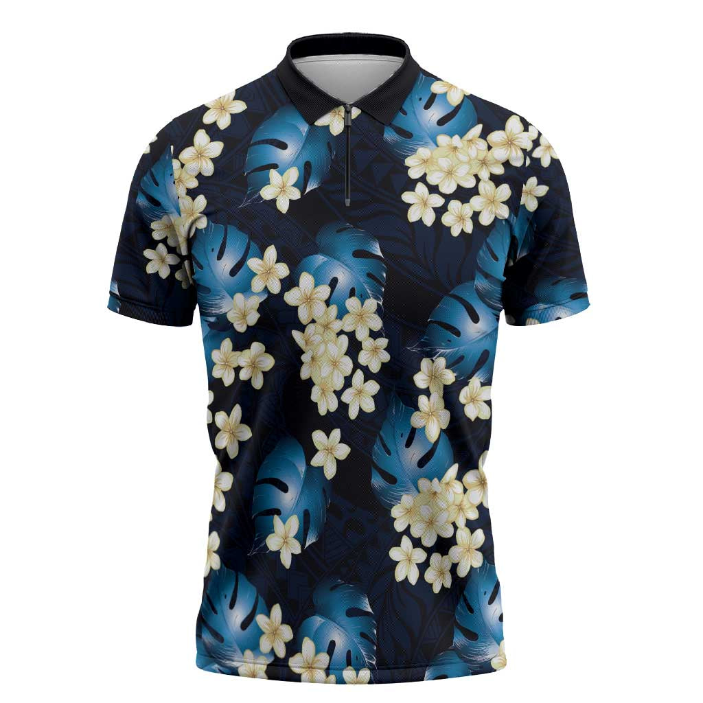 Blue Tropical Hawaii Zipper Polo Shirt Seamless Monstera Plumeria Hawaiian Pattern - Polynesian Pride