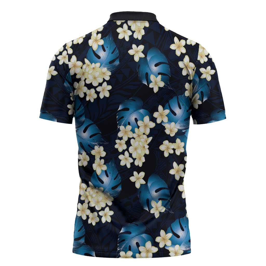 Blue Tropical Hawaii Zipper Polo Shirt Seamless Monstera Plumeria Hawaiian Pattern - Polynesian Pride
