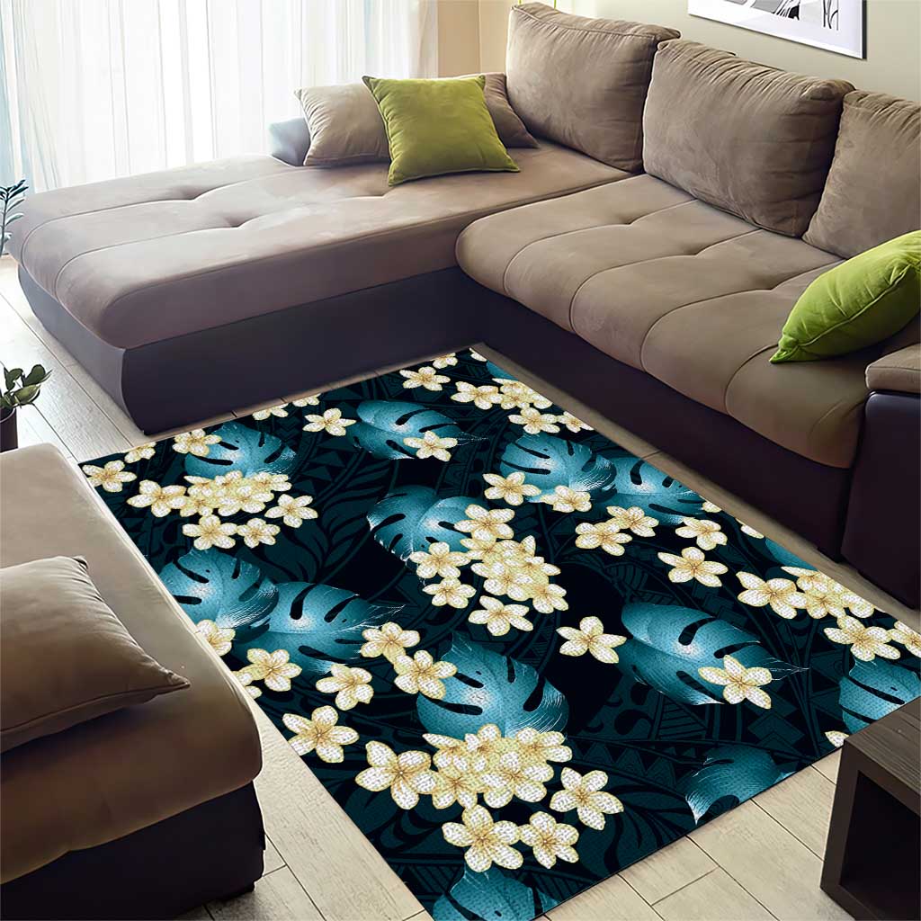 Dark Cyan Tropical Hawaii Area Rug Seamless Monstera Plumeria Hawaiian Pattern - Polynesian Pride