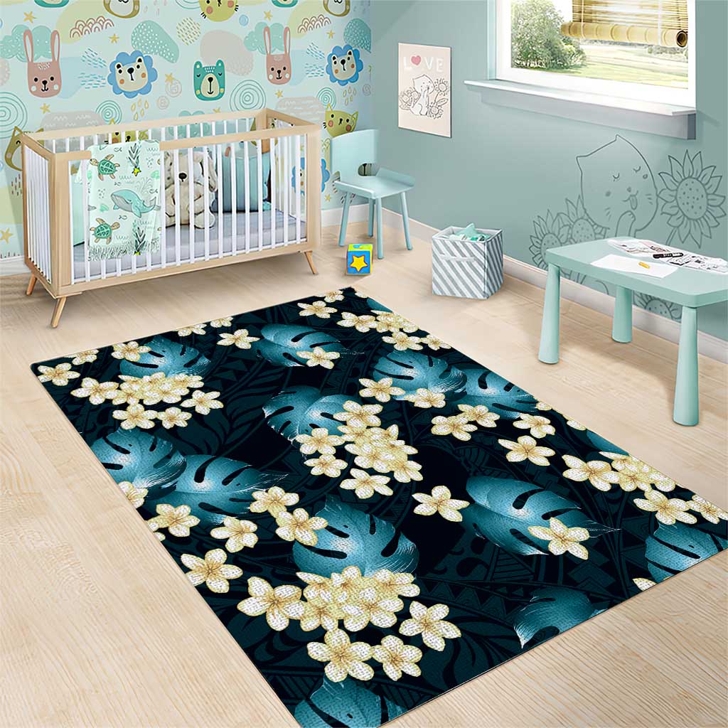 Dark Cyan Tropical Hawaii Area Rug Seamless Monstera Plumeria Hawaiian Pattern - Polynesian Pride
