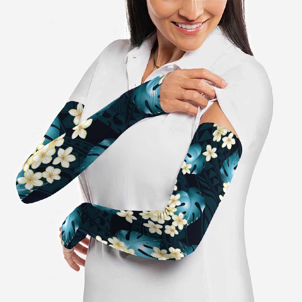 Dark Cyan Tropical Hawaii Arm Sleeves Seamless Monstera Plumeria Hawaiian Pattern - Polynesian Pride