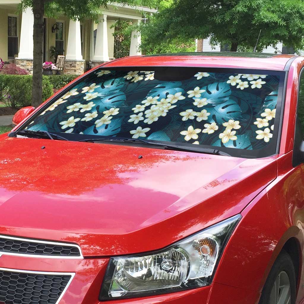 Dark Cyan Tropical Hawaii Auto Sun Shade Seamless Monstera Plumeria Hawaiian Pattern - Polynesian Pride