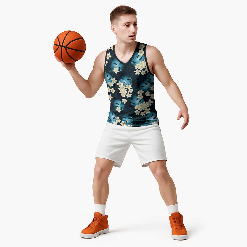 Dark Cyan Tropical Hawaii Basketball Jersey Seamless Monstera Plumeria Hawaiian Pattern - Polynesian Pride